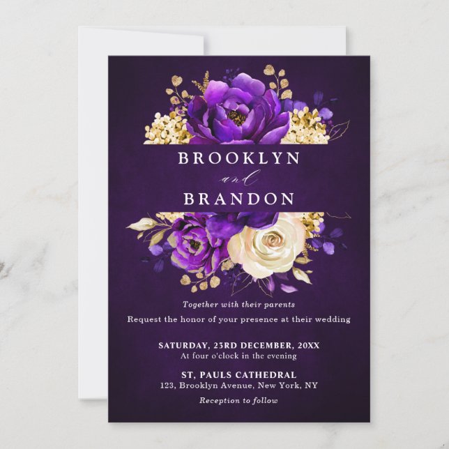 Invitación Boda Botánico Royal Purple Violet Gold Floral (Anverso)
