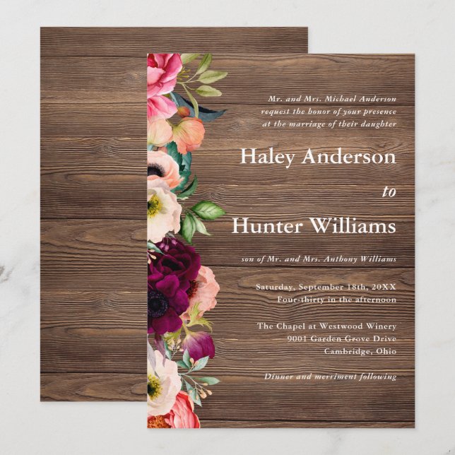 Invitación Boda Botánico Rustic Barn Wood Boho (Anverso / Reverso)