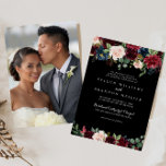 Invitación Boda Botánico Rústico Negro<br><div class="desc">Esta rústica invitación botánica negra es perfecta para un boda clásico. El diseño se caracteriza por un radiante de color burdeos,  rojo,  marino,  azul y rubor y unas bonitas flores pintadas a mano con un fondo negro que inspiran la belleza natural. Reemplace el fondo con su propia imagen.</div>
