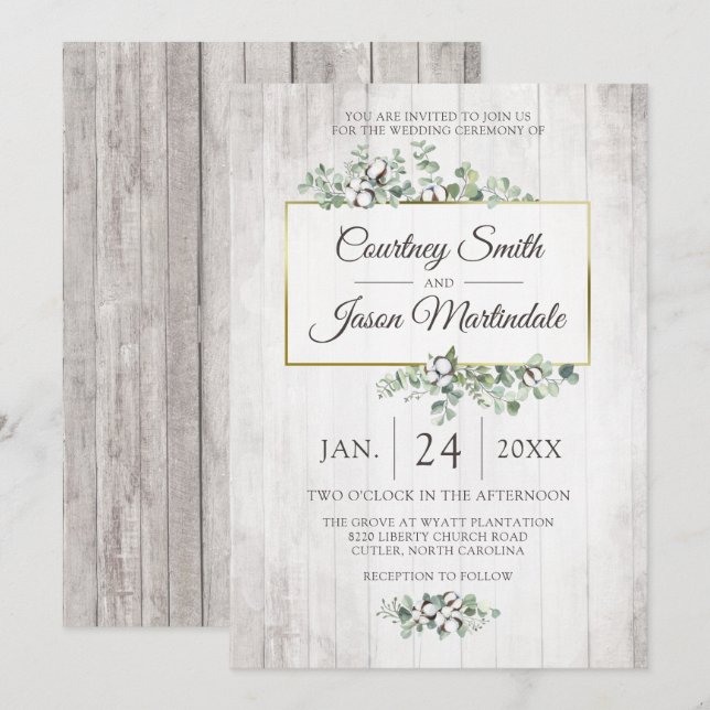 Invitación Boda Botánico Rústico Wood Southern Cotton (Anverso / Reverso)