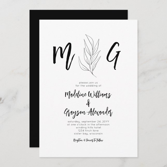 Invitación Boda Botánico Simple de Monograma Script (Anverso / Reverso)