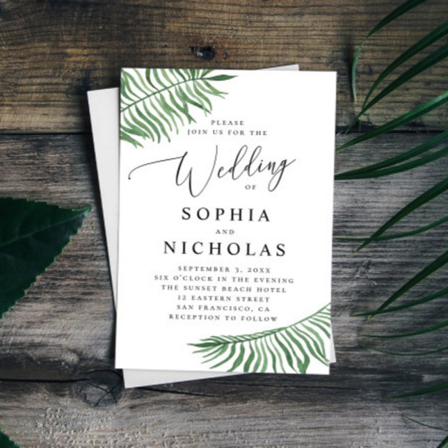 Invitación Boda botánico tropical acuarela. Hojas de palma (Subido por el creador)