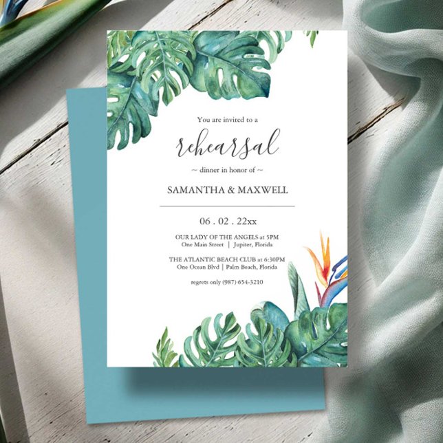 Invitación Boda botánico tropical Ensayo Cena (Tropical rehearsal dinner invitations watercolor palm leaf and flower art by Victoria Grigaliunas)