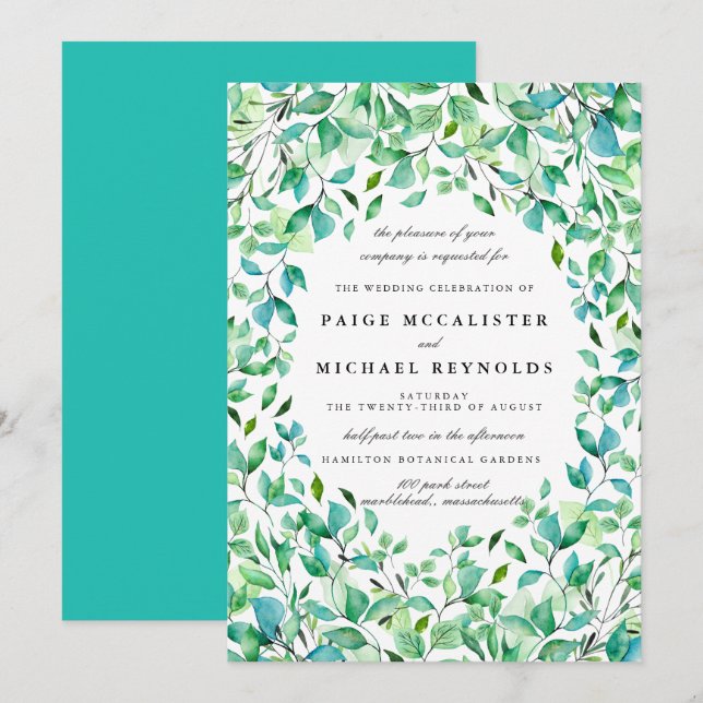Invitación Boda botánico verde azulado azul turquesa (Anverso / Reverso)