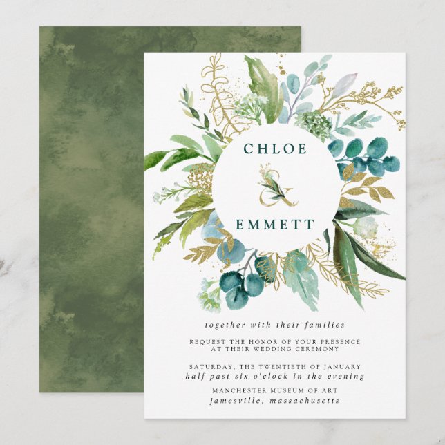 Invitación Boda Botánico Verde Blanco y Oro (Anverso / Reverso)
