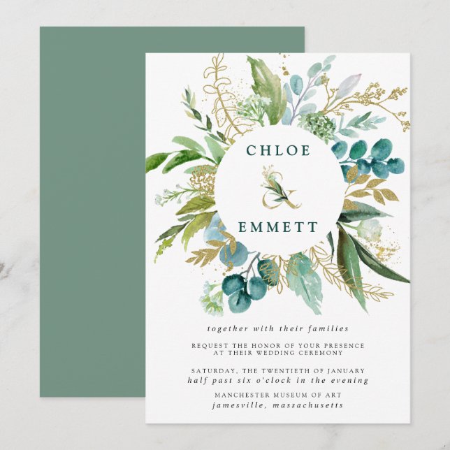 Invitación Boda Botánico Verde Blanco y Oro (Anverso / Reverso)