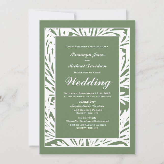 Invitación Boda Botánico Verde y Blanco Olivo (Anverso)