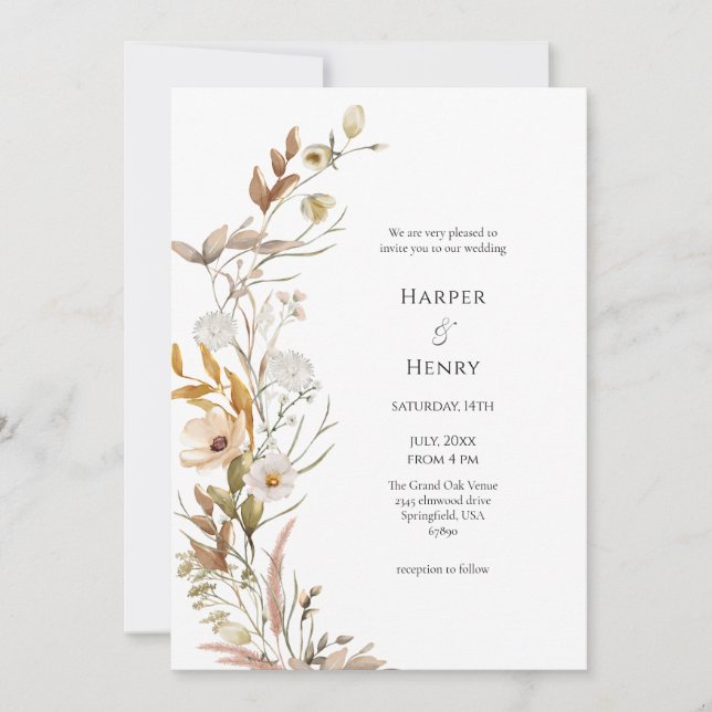 Invitación Boda Botánico Wildflowers Beige Boho (Anverso)