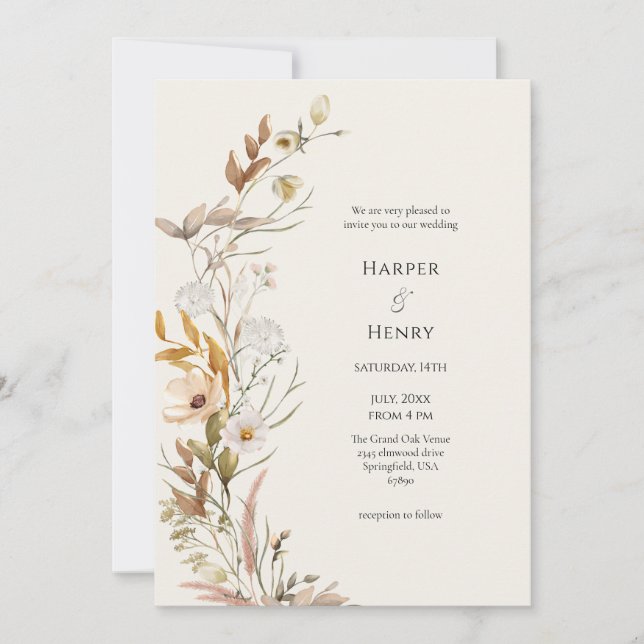 Invitación Boda Botánico Wildflowers Beige Ivory Boho (Anverso)