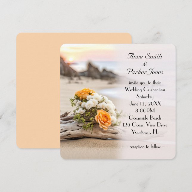 Invitación Boda Bouquet On Beach Driftwood (Anverso / Reverso)