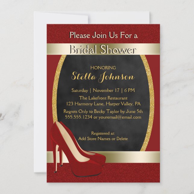 Invitación Boda Bridal Shower | Altos talones rojos de oro de (Anverso)
