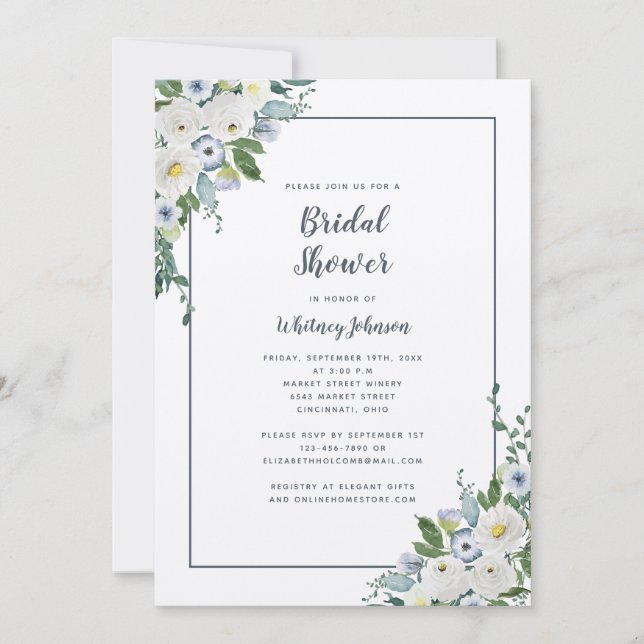 Invitación Boda Bridal Shower Elegante Floral Gris Blanco (Anverso)
