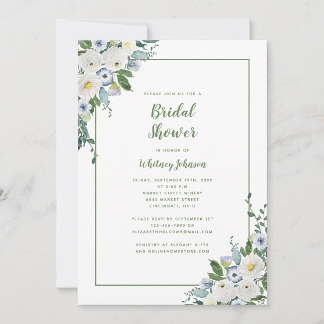 Invitación Boda Bridal Shower Elegante Floral Verde Blanco (Anverso)