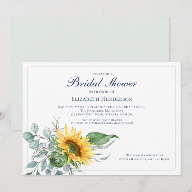 Invitación Boda Bridal Shower Eucalyptus Sunflower (Anverso / Reverso)