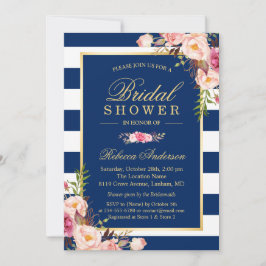 Invitación Boda Bridal Shower | Floral de franjas azules de l