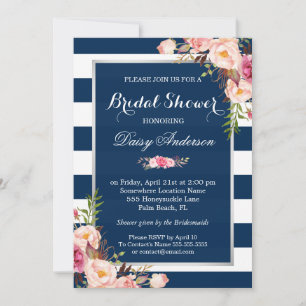 Invitación Boda Bridal Shower Floral Plata Tiras de la Marina