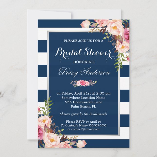 Invitación Boda Bridal Shower Floral Plata Tiras de la Marina (Anverso)