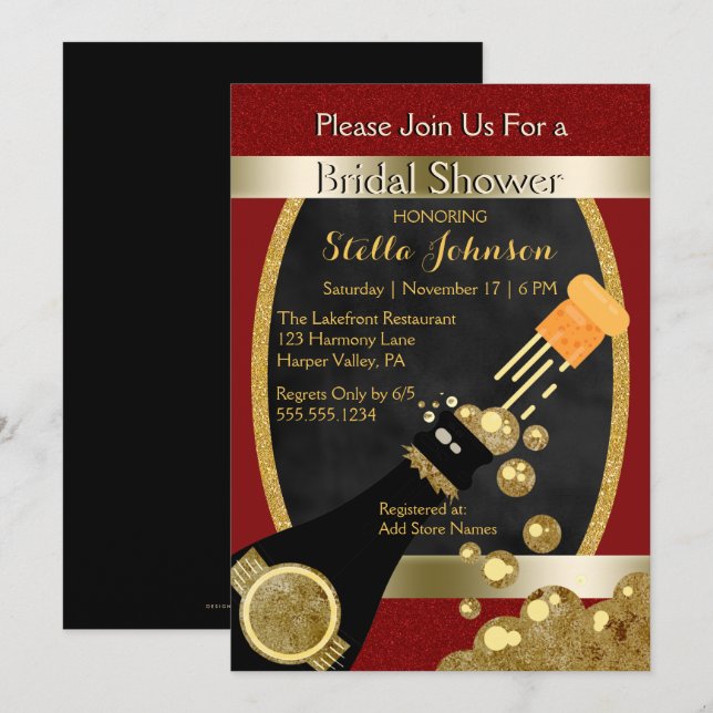 Invitación Boda Bridal Shower | Moda Gold Red Champagne (Anverso / Reverso)