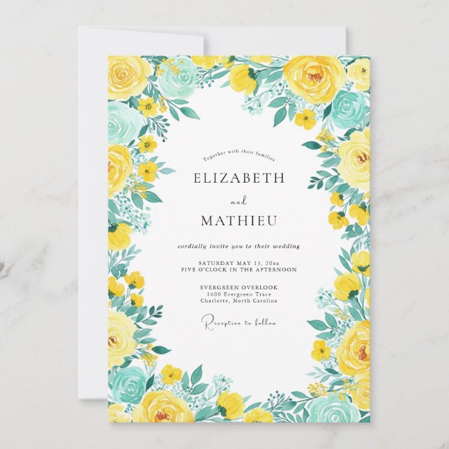 Invitación Boda Brillante de Amarillo Turquesa en Primavera (Anverso)