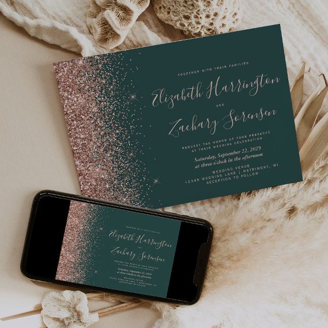 Invitación Boda Brillante de Oro Rosa Verde Oscuro Moderno (Subido por el creador)