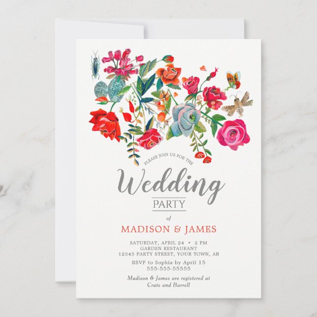 Invitación Boda brillante rosa rojo floral (Anverso)