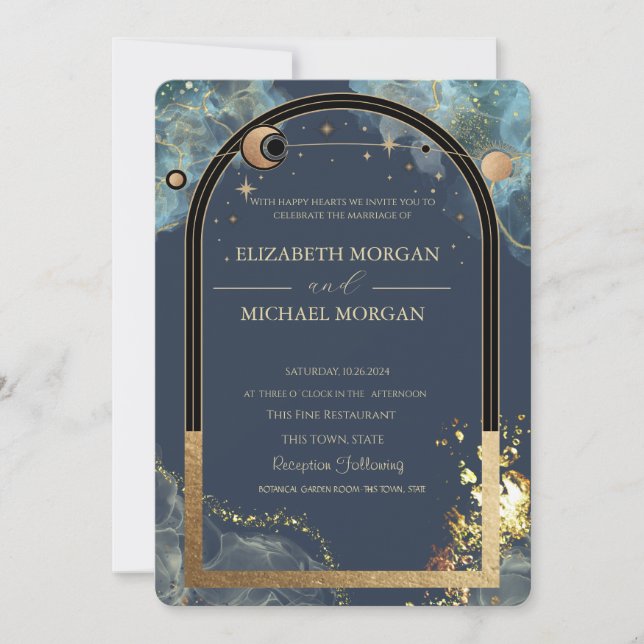 Invitación Boda Brillo Dorado Sol Luna Oro Celestial (Anverso)
