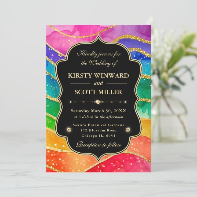 Invitación Boda Brillo Dorado Tinta Alcoholica Arcoiris (Anverso de pie)