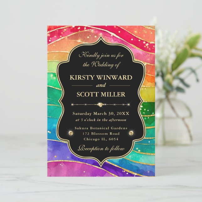 Invitación Boda Brillo Dorado Tinta Alcoholica Arcoiris (Anverso de pie)
