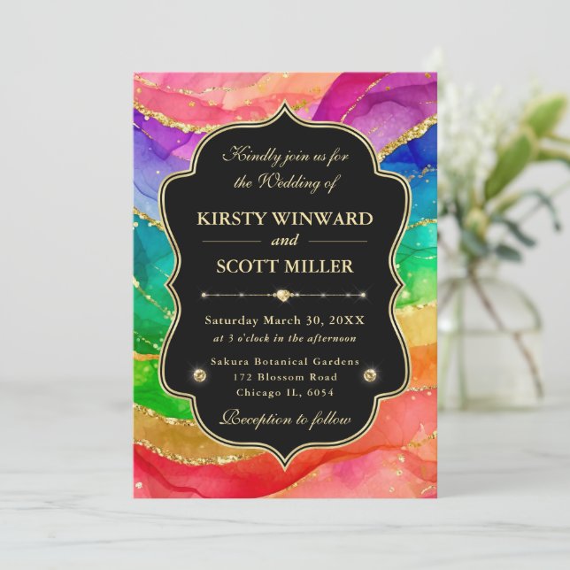 Invitación Boda Brillo Dorado Tinta Alcoholica Arcoiris (Anverso de pie)
