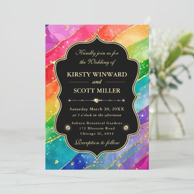 Invitación Boda Brillo Dorado Tinta Alcoholica Arcoiris (Anverso de pie)