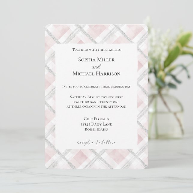Invitación Boda Brillo Rosa Rubor Blanco Plata (Anverso de pie)