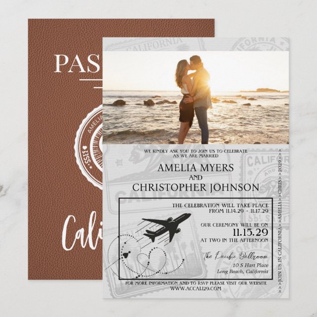 Invitación Boda Brown California Passport (Anverso / Reverso)