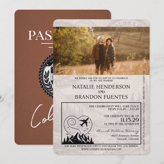 Invitación Boda Brown Colorado Passport (Anverso / Reverso)