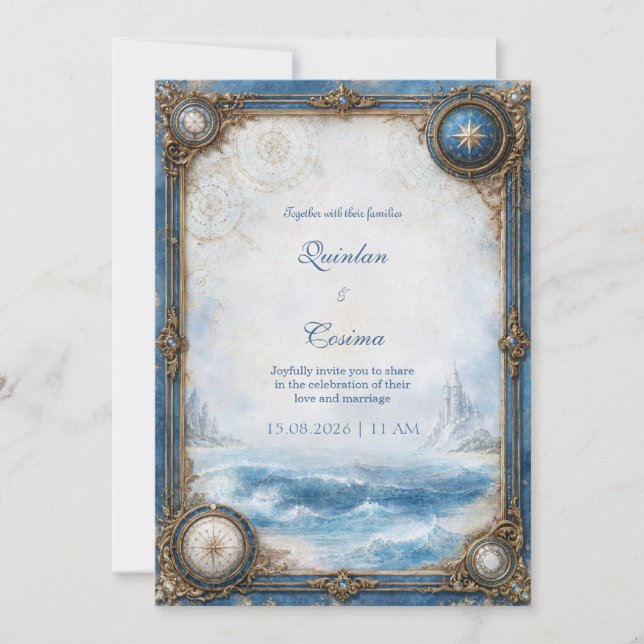 Invitación Boda Brújula Costera Azul (Anverso)