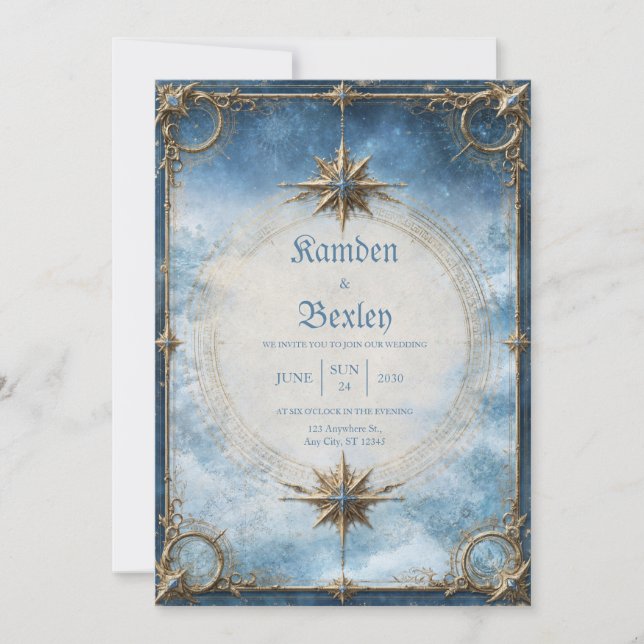 Invitación Boda Brújula de Oro Celestial (Anverso)