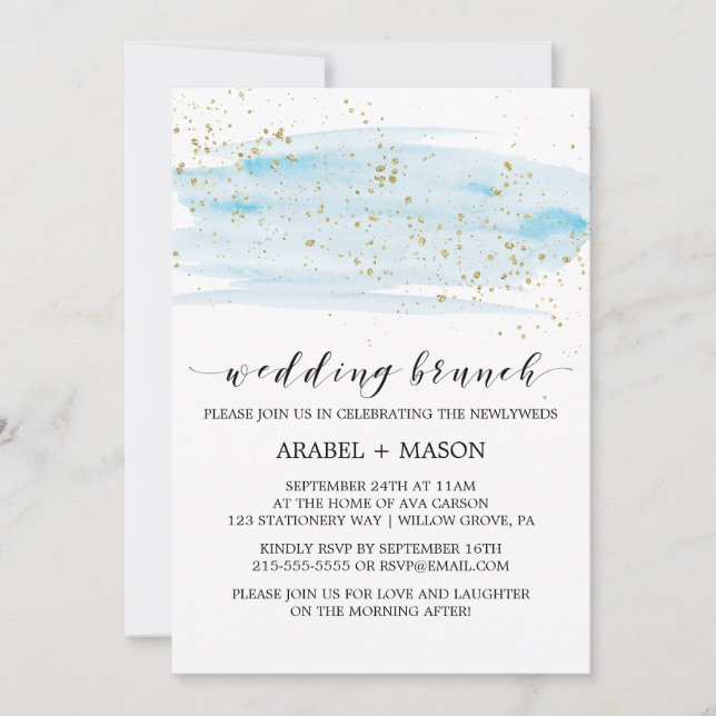 Invitación Boda Brunch de manchas azul y dorada (Anverso)