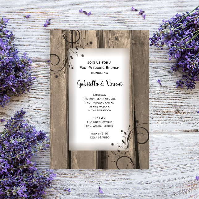 Invitación Boda Brunch Rústico Country Barn Wood Post (Invite guests to your day after celebration with this rustic post wedding brunch invitation.)