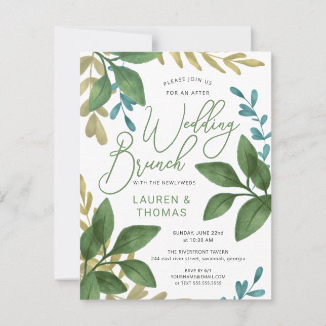 Invitación Boda Brunch Watercolor Tea deja follaje (Anverso)