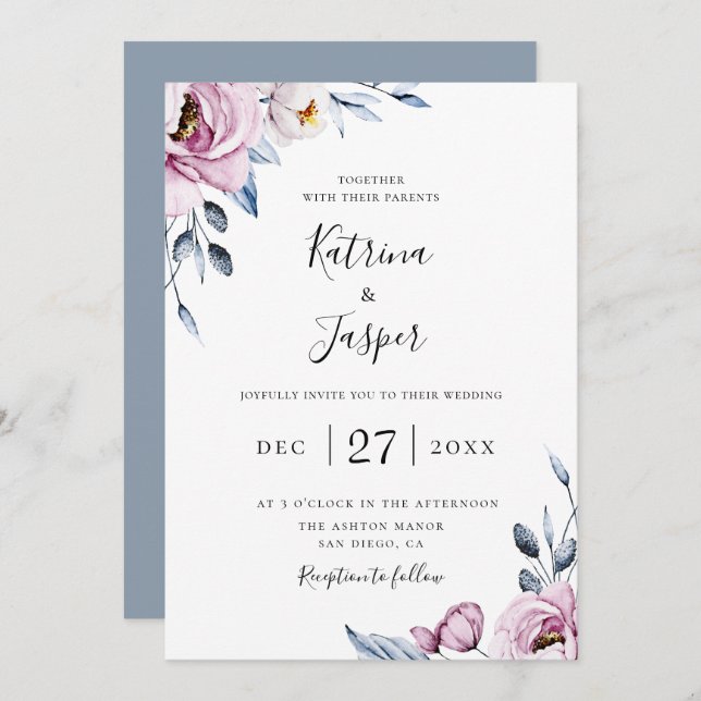 Invitación Boda bucal Dusty Blue Mauve (Anverso / Reverso)