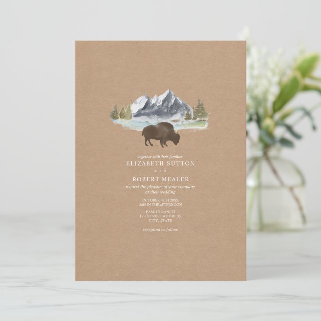 Invitación Boda Buffalo Watercolor Mountain Cardstock (Anverso de pie)
