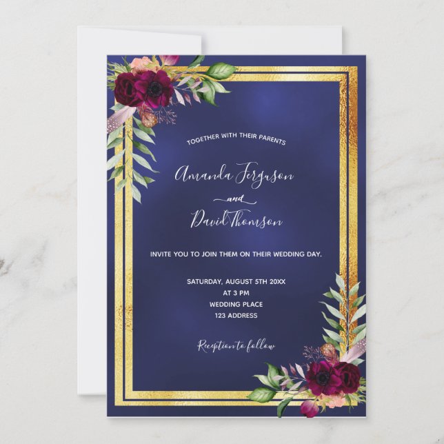 Invitación Boda burdeos de oro azul marino (Anverso)