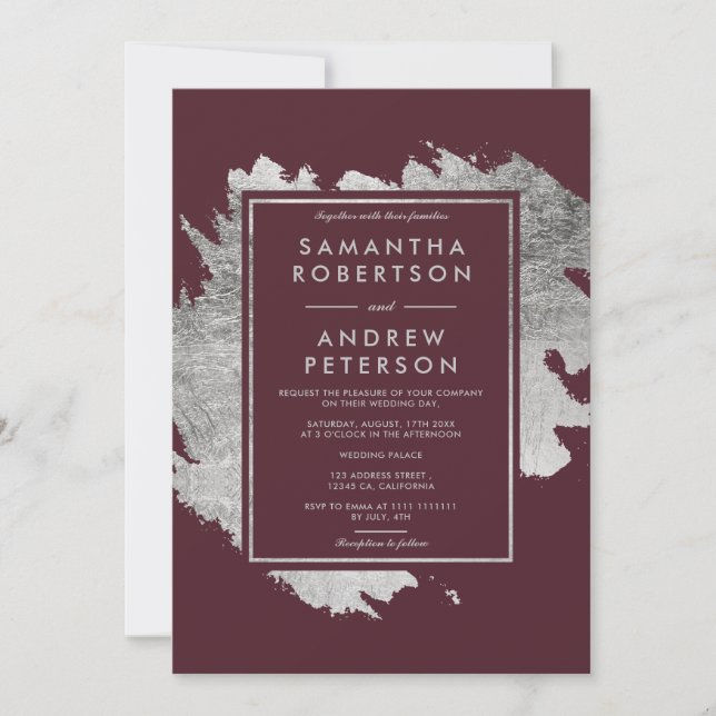 Invitación boda burdeos rojo y negro de plata moderno (Anverso)
