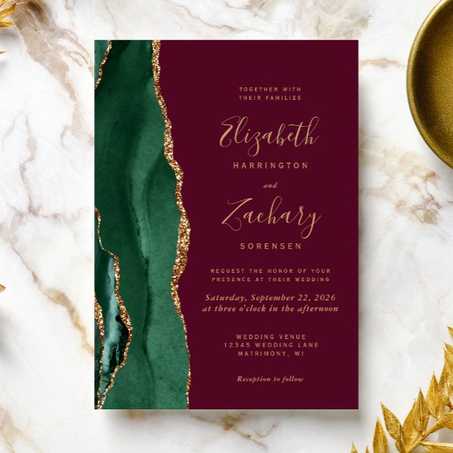 Invitación Boda Burgundy Ágata Oro Verde Esmeralda Chic (Subido por el creador)