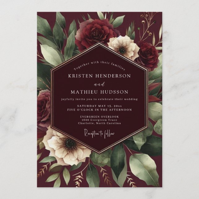 Invitación Boda Burgundy Barroco Florido (Anverso)