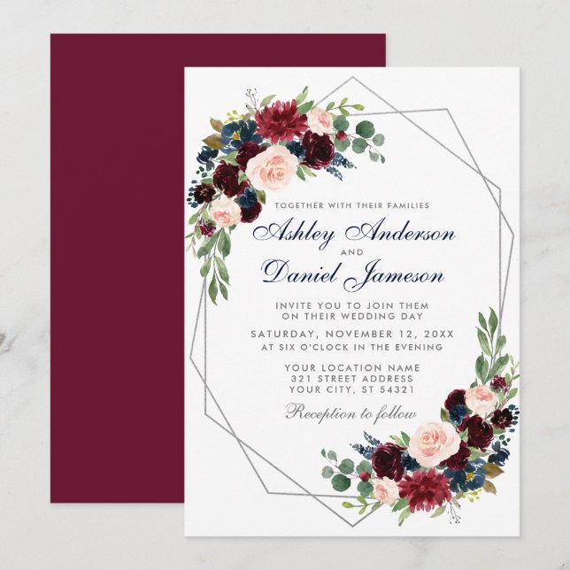 Invitación Boda Burgundy Blue Floral Geométrica Plata (Anverso / Reverso)