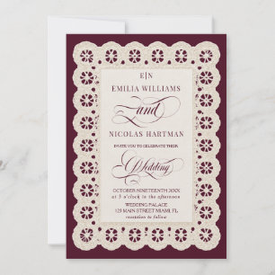 Invitación Boda Burgundy Encaje Marfil Monograma Dinero Antig