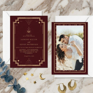 Invitación Boda Burgundy Estrellas Luna Místicas Celestiales