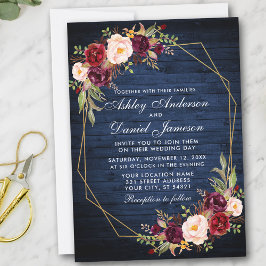 Invitación Boda Burgundy Floral Azul Madera Geométrica Oro