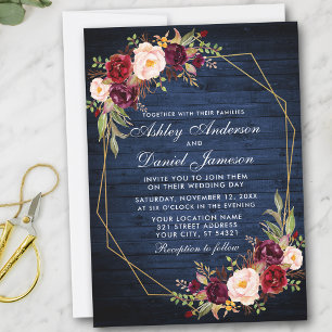 Invitación Boda Burgundy Floral Azul Madera Geométrica Oro