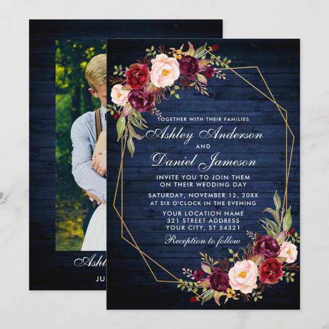 Invitación Boda Burgundy Floral Blue Wood Foto Geométrica (Anverso / Reverso)